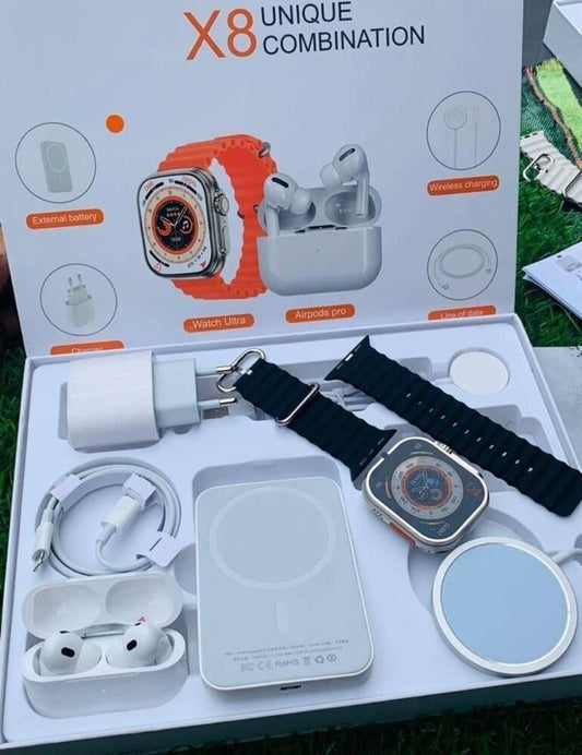 X8 UNIQUE COMBINATION SMART WATCH WITH + AIRPODS PRO + POWER ADAPTER + USB-C TO LIGHTING LINE + MAGNETIC WIRELESS CHARGER + MAGNETIC BATTERY BANK PACK